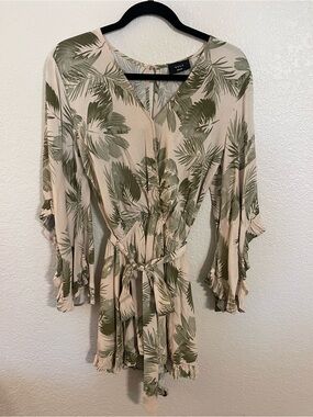 VICI Beige Romper with Olive Palm Print and Tie Waist
